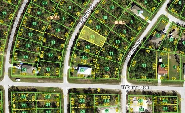 This is a satellite map showing a vacant residential lot highlighted in yellow — 12260 ESCUELA DRIVE, PUNTA GORDA, FL