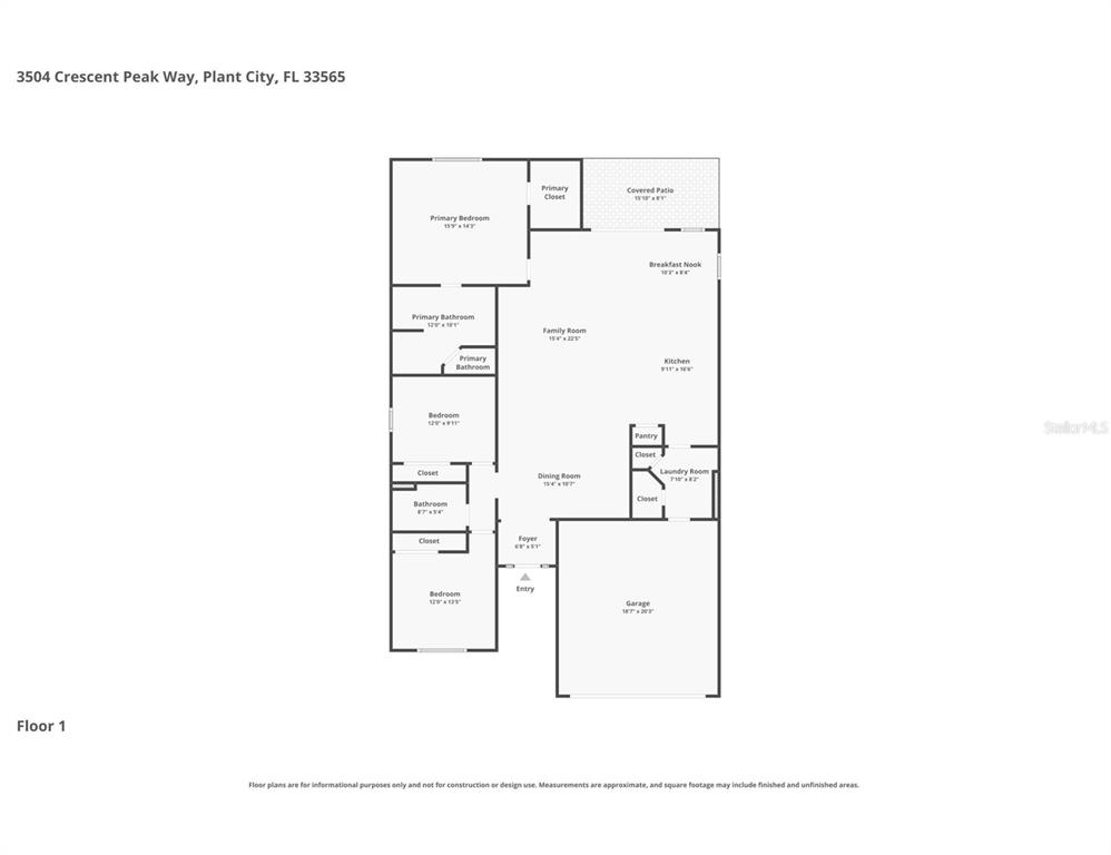 This is a floor plan for a single-story house with a garage and covered patio — 3504 CRESCENT PEAK WAY, PLANT CITY, FL