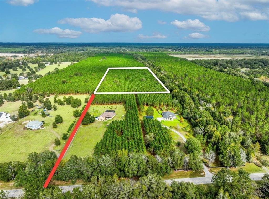 An aerial view shows a wooded lot outlined in white next to a red property line — 000 NW 78TH AVENUE, NEWBERRY, FL