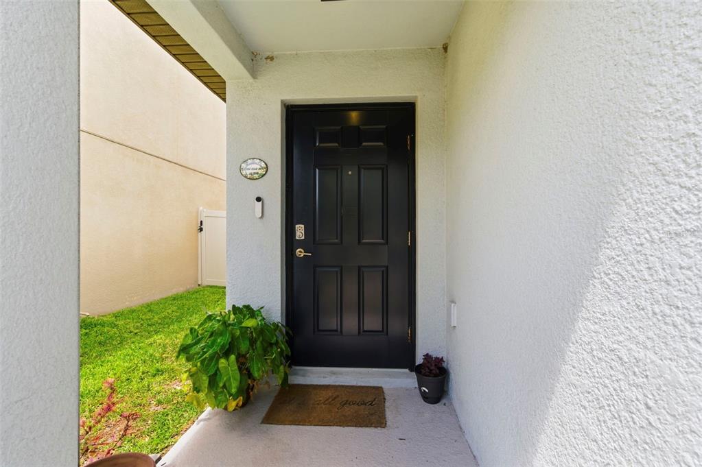 A black front door with a welcome mat sits under a covered entryway — 12611 LEMON PEPPER DRIVE, RIVERVIEW, FL