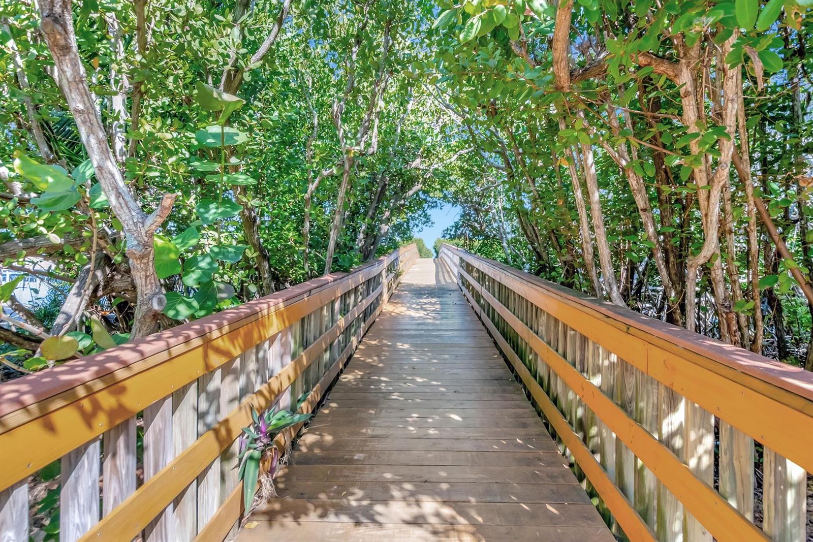 A wooden boardwalk with railings leads through a lush, tree-lined path toward a bright opening — 1776 Bay Drive, Pompano Beach FL 33062, POMPANO BEACH, FL