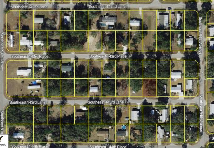 This is an aerial map view of residential lots and streets in a neighborhood — 0 SE 143 LN, SUMMERFIELD, FL