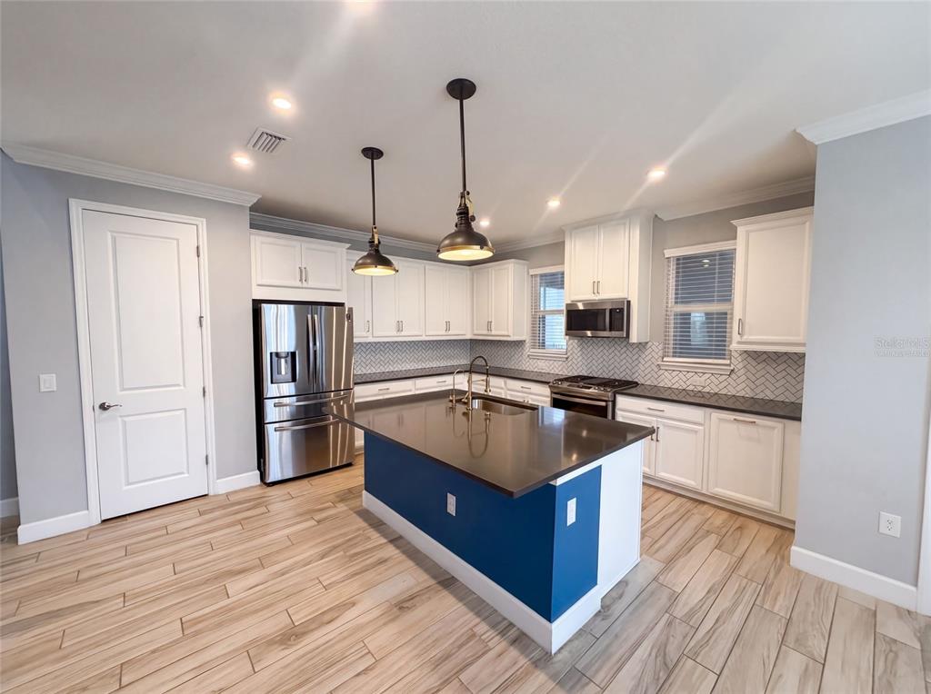 A kitchen features white cabinets, a blue island with a dark countertop, and wood-look flooring — 13720 STEVENSON LANE, ODESSA, FL