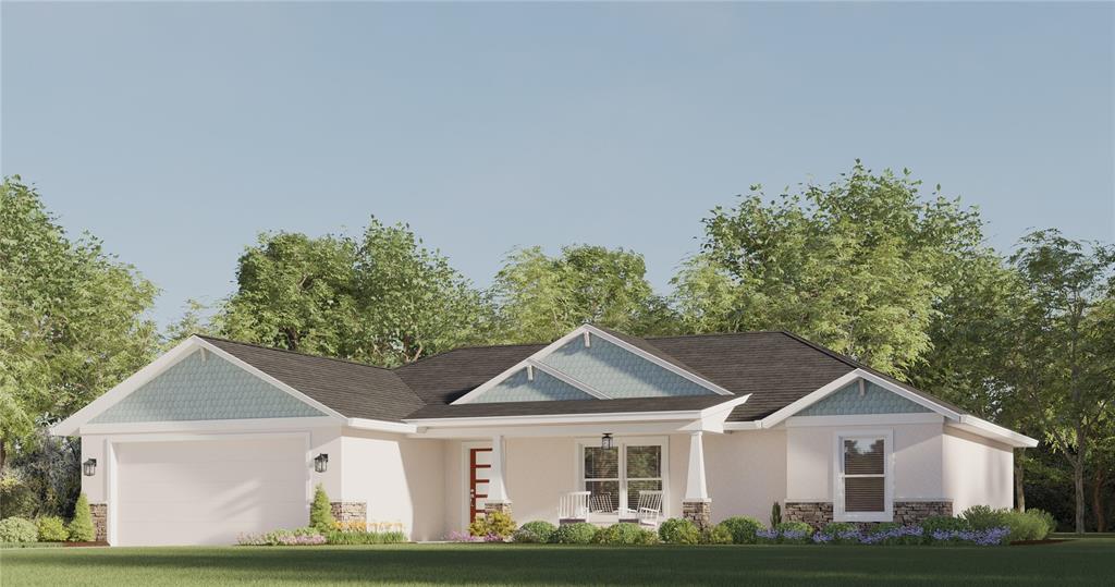 A digital rendering of a single-story suburban house with a two-car garage and porch — TBD BAY COURT, OCKLAWAHA, FL