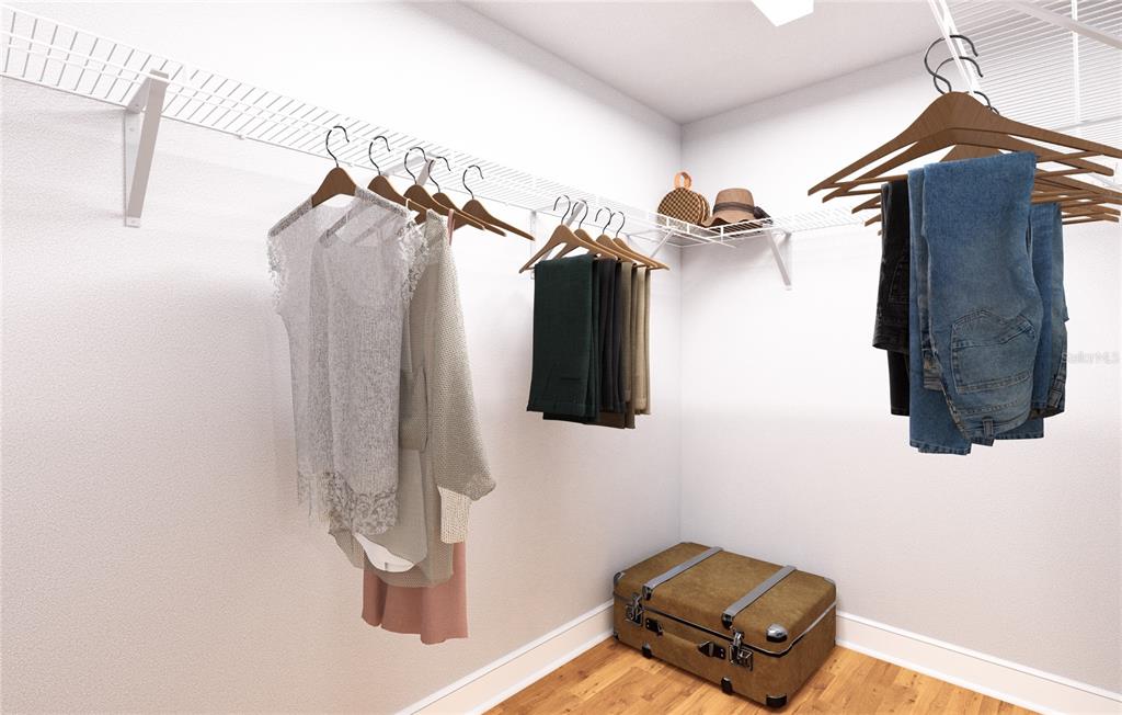 This is a digital rendering of a walk-in closet with wire shelving and hanging clothes — TBD BAY COURT, OCKLAWAHA, FL