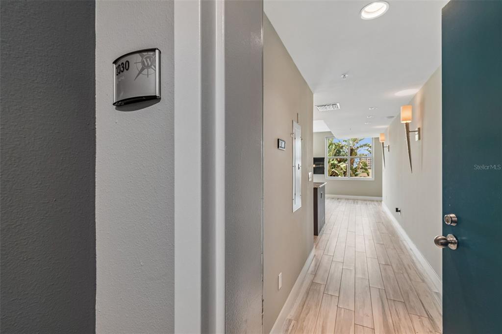 A view through an open doorway into a hallway with light wood-look flooring — 1120 E KENNEDY BOULEVARD UNIT 1030, TAMPA, FL