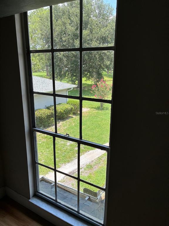 A tall, multi-pane window looks out onto a grassy yard, a neighboring roof, and trees — 4361 SHADOW CREST PLACE UNIT 32-3, ORLANDO, FL