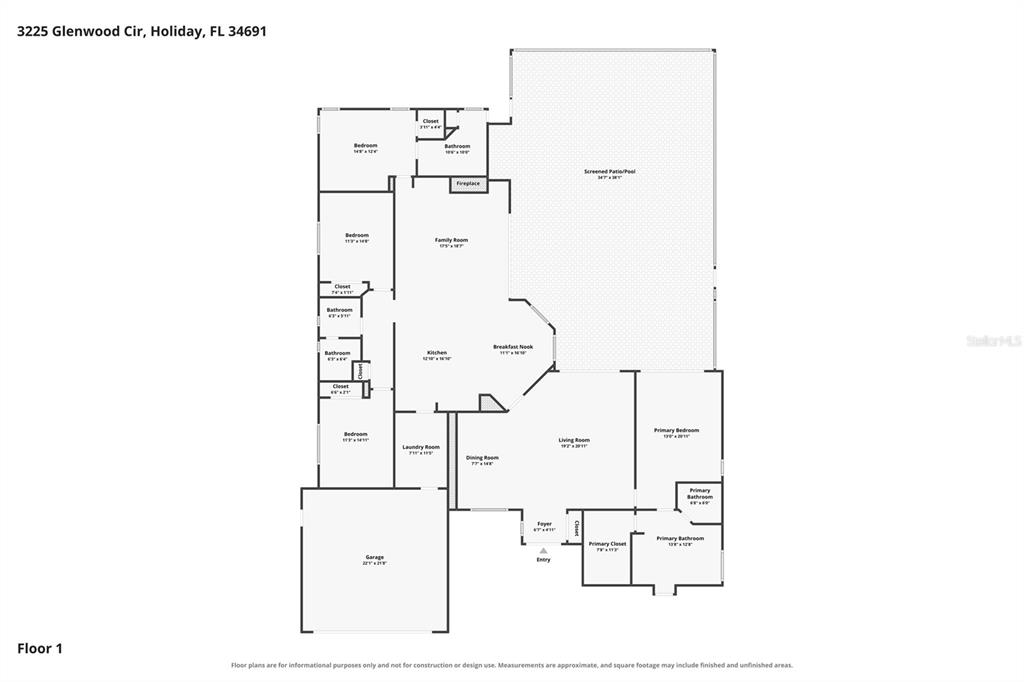This is a floor plan for a single-story house with a garage and pool patio — 3225 GLENWOOD CIRCLE, HOLIDAY, FL