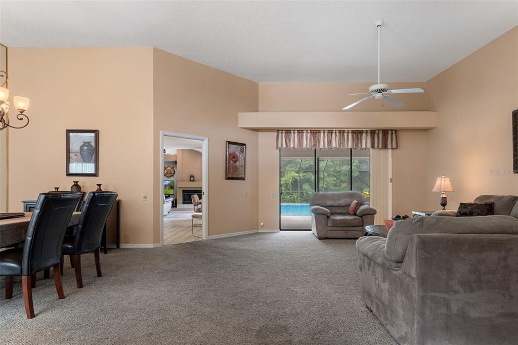 A living and dining area with beige walls, carpeted floors, a ceiling fan, and sliding glass doors — 3225 GLENWOOD CIRCLE, HOLIDAY, FL