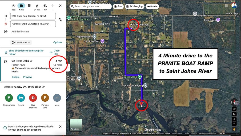This map shows a driving route from a residential property to a private boat ramp — 1234 QUAIL RUN, OSTEEN, FL