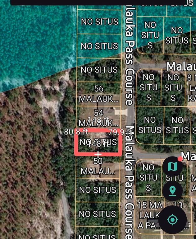 This is a map showing a highlighted rectangular land parcel along a road — MALAUKA PASS CRSE, OCKLAWAHA, FL