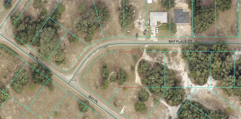 This is an aerial map view showing a vacant rectangular lot outlined in red — BAY PLACE COURT, OCKLAWAHA, FL