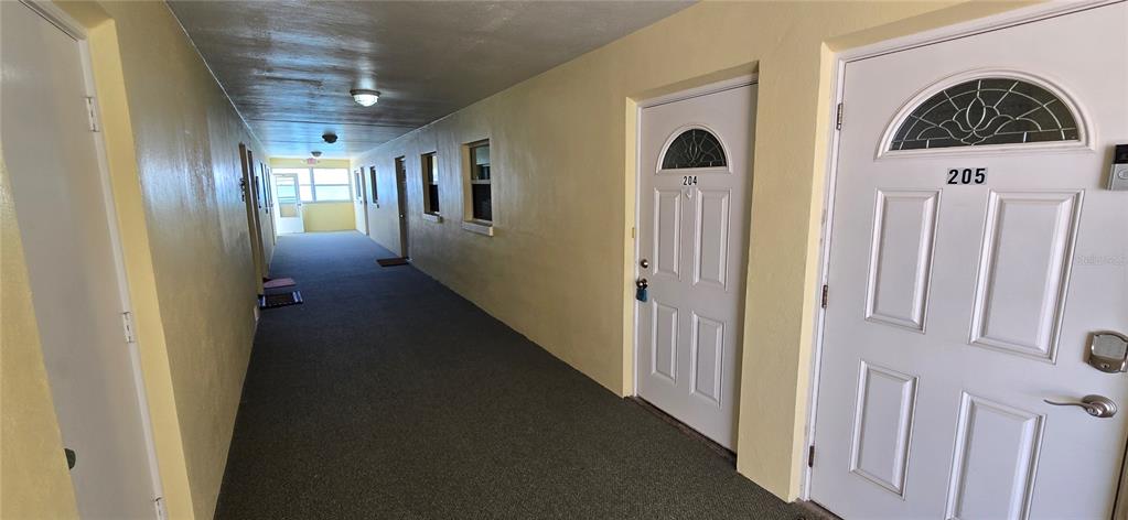 A hallway in an apartment building features yellow walls, gray carpeting, and numbered white doors — 175 55TH AVENUE UNIT 204, ST PETE BEACH, FL