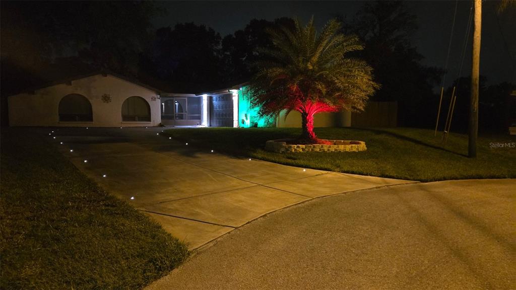 A single-story house at night features a lit driveway and a palm tree with red lighting — 7041 MAYHILL COURT, SPRING HILL, FL