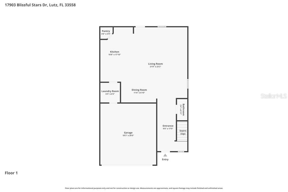 This is a floor plan for the first level of a residential home — 17903 BLISSFUL STARS DRIVE, LUTZ, FL