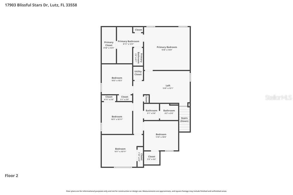 This is a floor plan showing the layout of the second floor of a house — 17903 BLISSFUL STARS DRIVE, LUTZ, FL