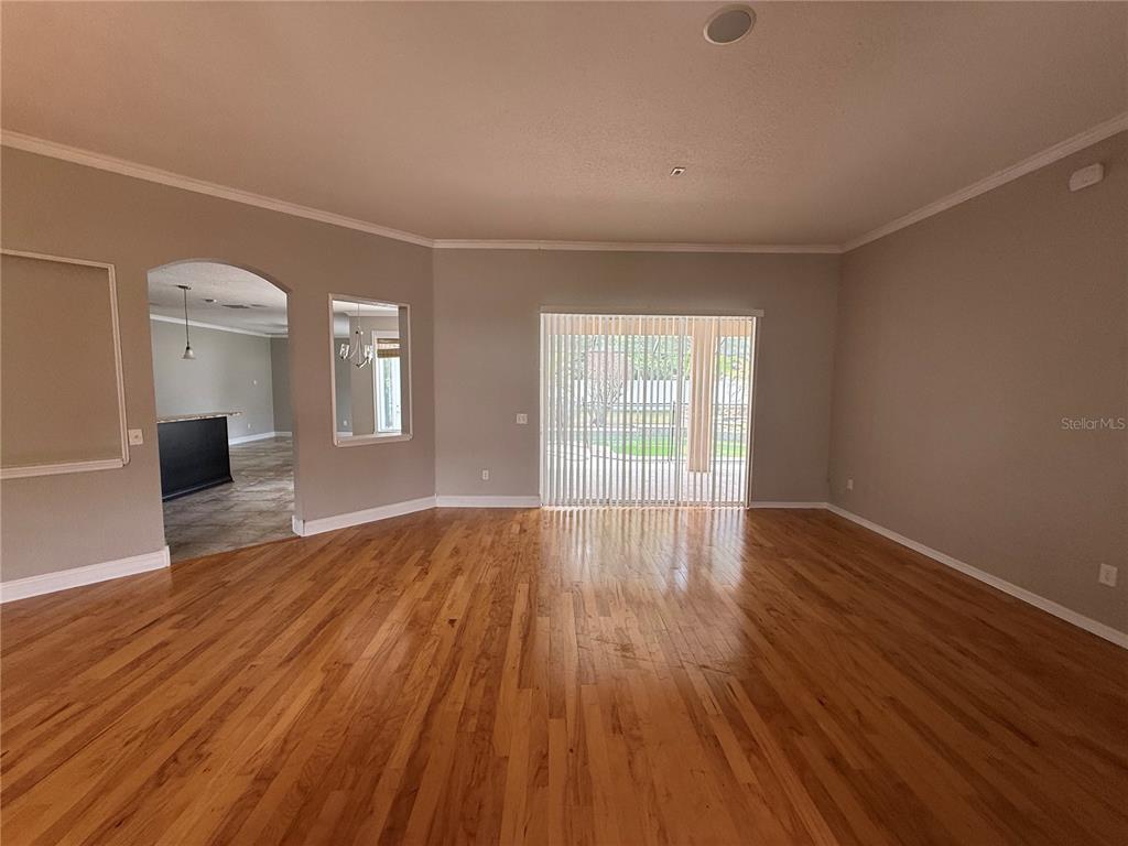 A living room with hardwood floors, a sliding glass door, and an arched entryway — 3045 SUTTON WOODS DRIVE, PLANT CITY, FL