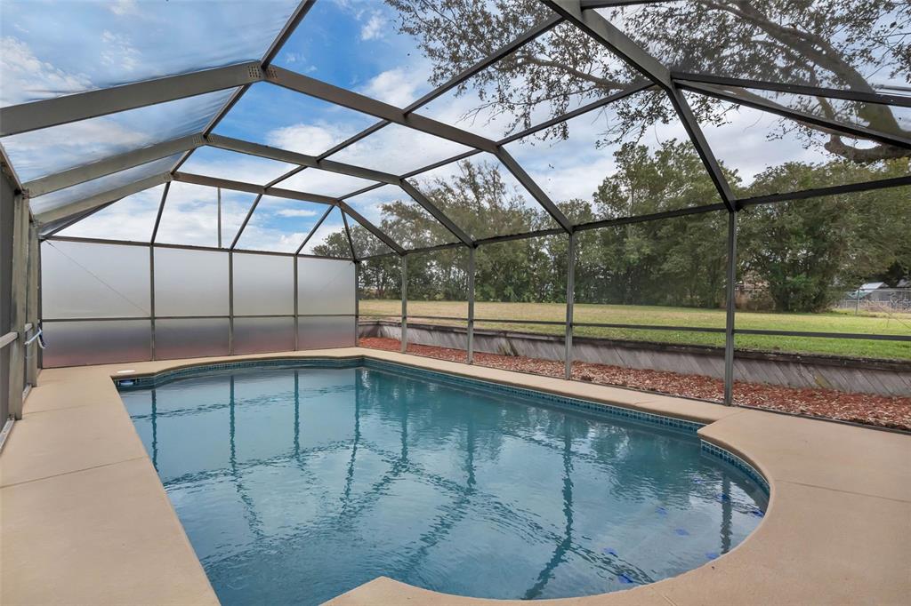 An enclosed swimming pool with a concrete deck sits under a screened-in lanai — 9610 NELLIE HILLS COURT, CLERMONT, FL