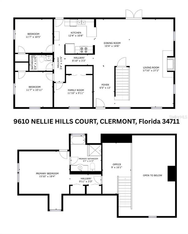 This is a two-story floor plan showing the layout of bedrooms, bathrooms, and living areas — 9610 NELLIE HILLS COURT, CLERMONT, FL