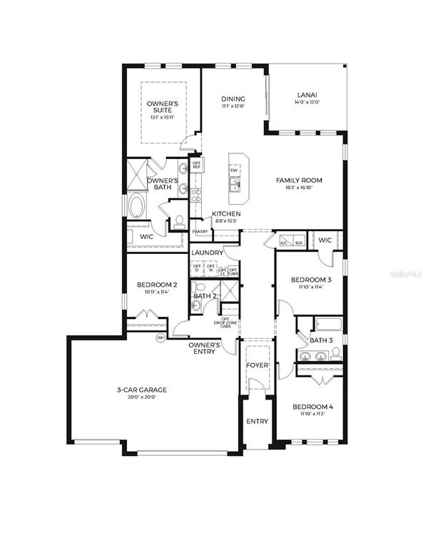 This is a floor plan for a single-story house with four bedrooms and a garage — 6930 AUDOBON OSPREY COVE, HARMONY, FL