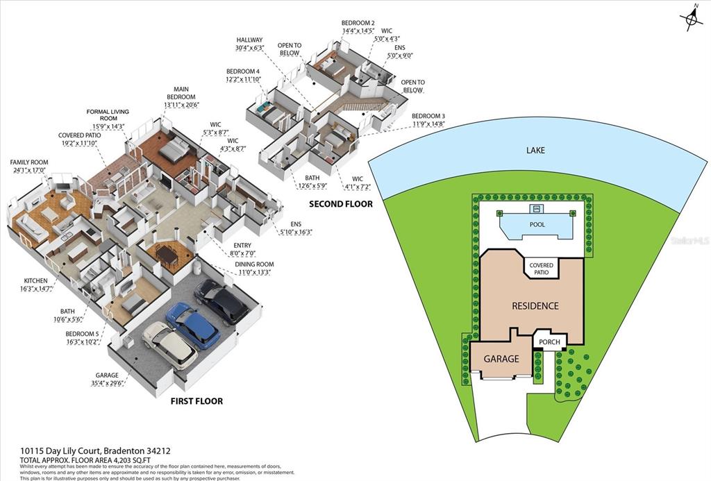 This is a floor plan rendering of a two-story house with a pool and garage — 10115 DAY LILY COURT, BRADENTON, FL