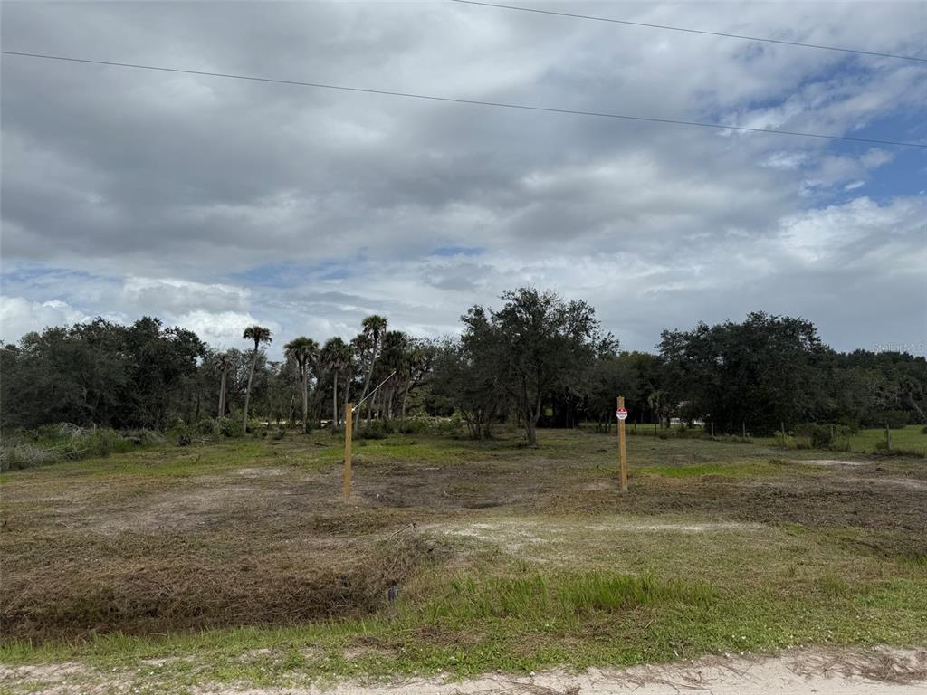 A vacant, grassy lot features two wooden posts and a background of mature trees — 15723 NW 304TH STREET, OKEECHOBEE, FL