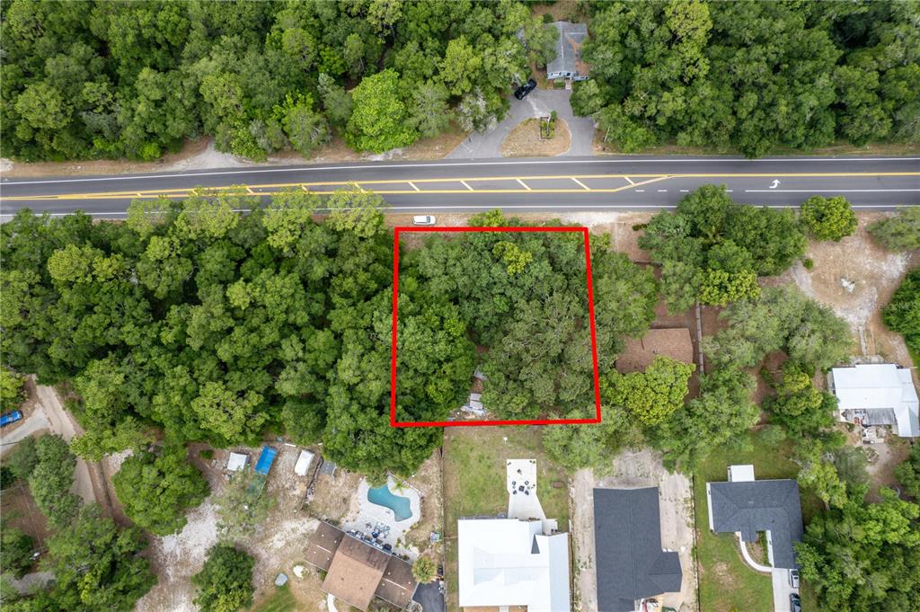 An aerial view shows a rectangular, tree-covered vacant lot outlined in red next to houses — SORRENTO AVENUE, MOUNT PLYMOUTH, FL