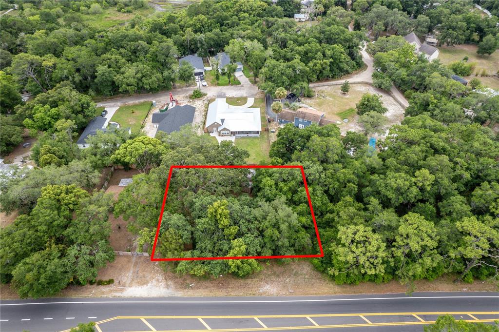 An aerial view shows a wooded, rectangular lot outlined in red next to a road — SORRENTO AVENUE, MOUNT PLYMOUTH, FL
