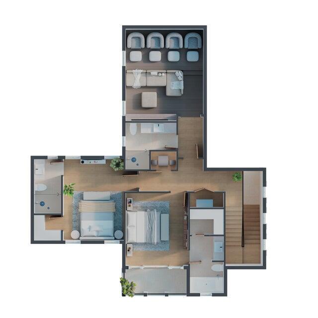 This is a 3D floor plan rendering of a residential home with three bedrooms and bathrooms — 514 NE 3rd Avenue, Delray Beach FL 33444, DELRAY BEACH, FL