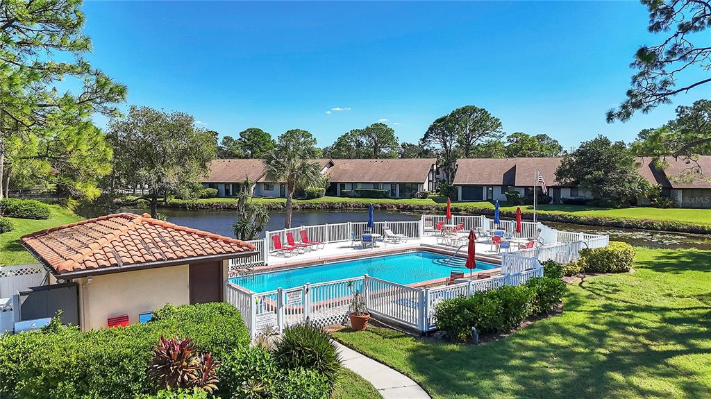An outdoor swimming pool with a white fence sits beside a pond and residential buildings — 5205 LAKE VILLAGE DRIVE UNIT 16, SARASOTA, FL