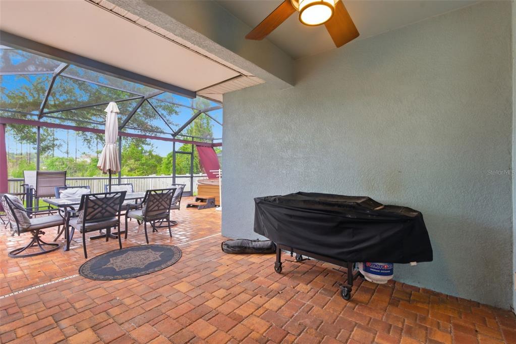 A covered brick patio features a grill, outdoor dining furniture, and a screened-in pool enclosure — 21347 MORNING MIST WAY, LAND O LAKES, FL