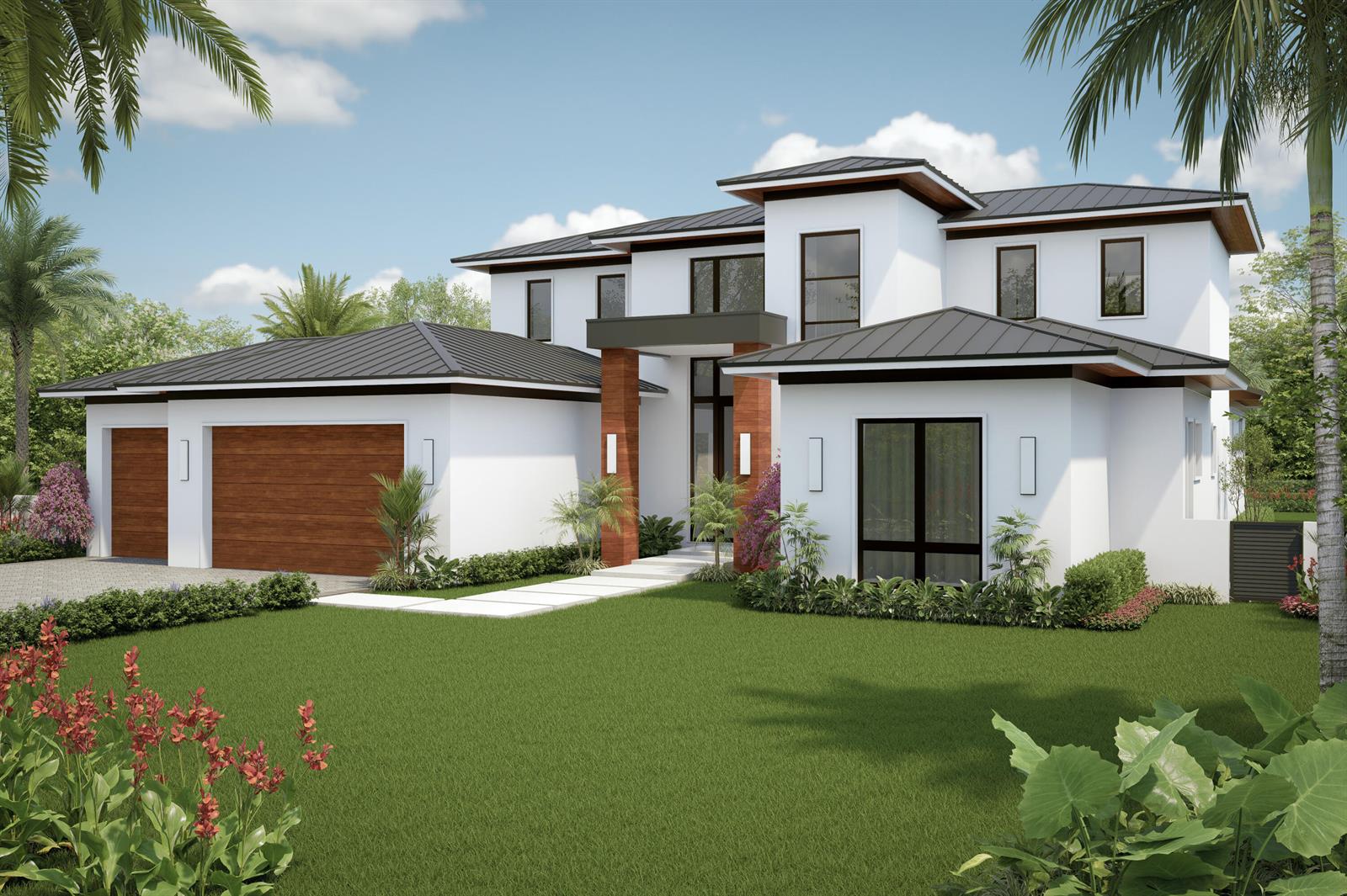 This is a rendering of a modern two-story house with a white exterior and garage — 1230 Aryana Way, Delray Beach FL 33445, DELRAY BEACH, FL