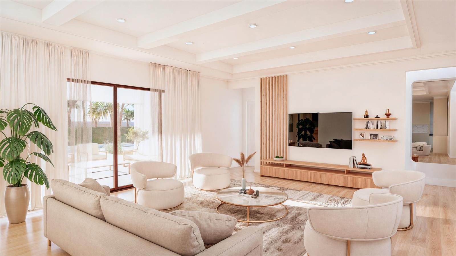 This rendering shows a modern living room with light wood finishes, neutral furniture, and floor-to-ceiling curtains — 1230 Aryana Way, Delray Beach FL 33445, DELRAY BEACH, FL