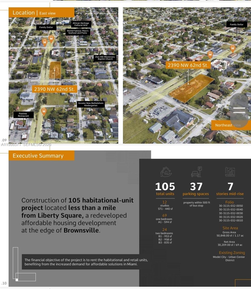 This image shows aerial maps and a project summary for a proposed mid-rise development — 2390 NW 62nd St, Miami FL 33147, MIAMI, FL