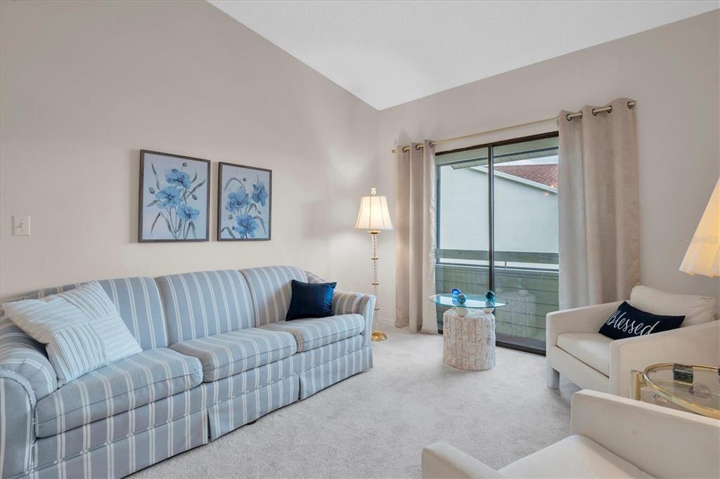 A living room features a striped sofa, two white armchairs, and a sliding glass door — 534 WALDEN COURT, DUNEDIN, FL