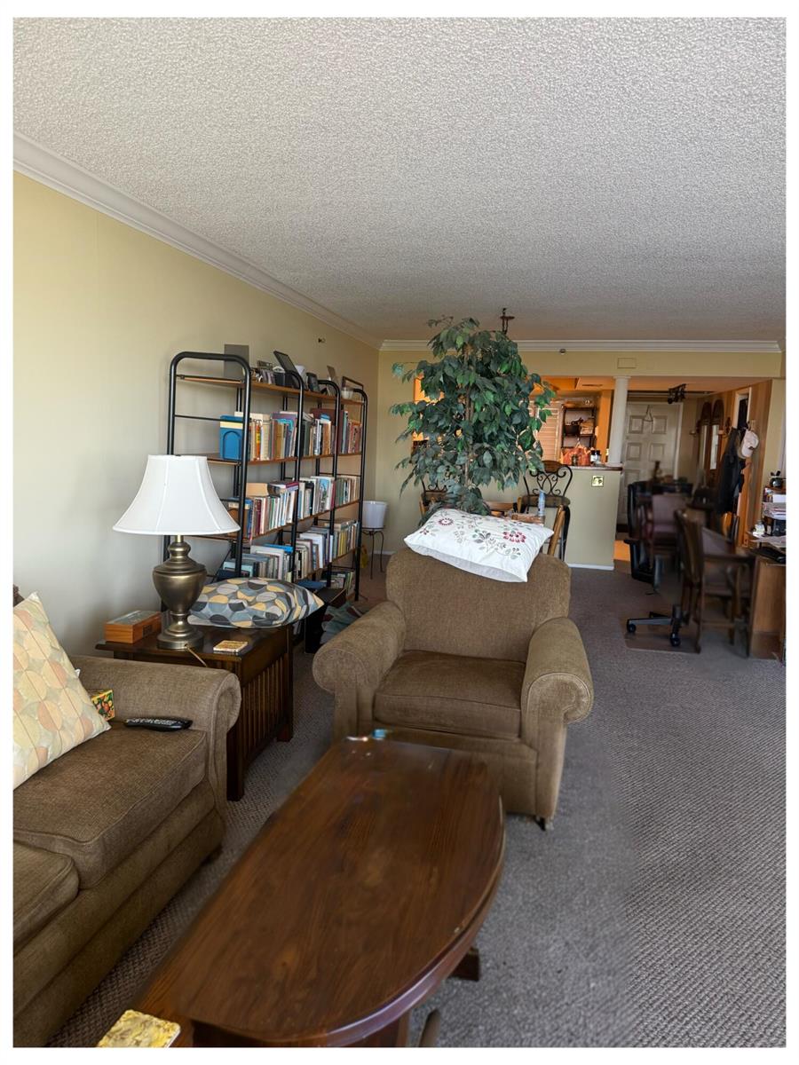 A living room features brown upholstered furniture, a wooden coffee table, and a tall bookshelf — 2900 N Course Drive # 1005, Pompano Beach FL 33069, POMPANO BEACH, FL