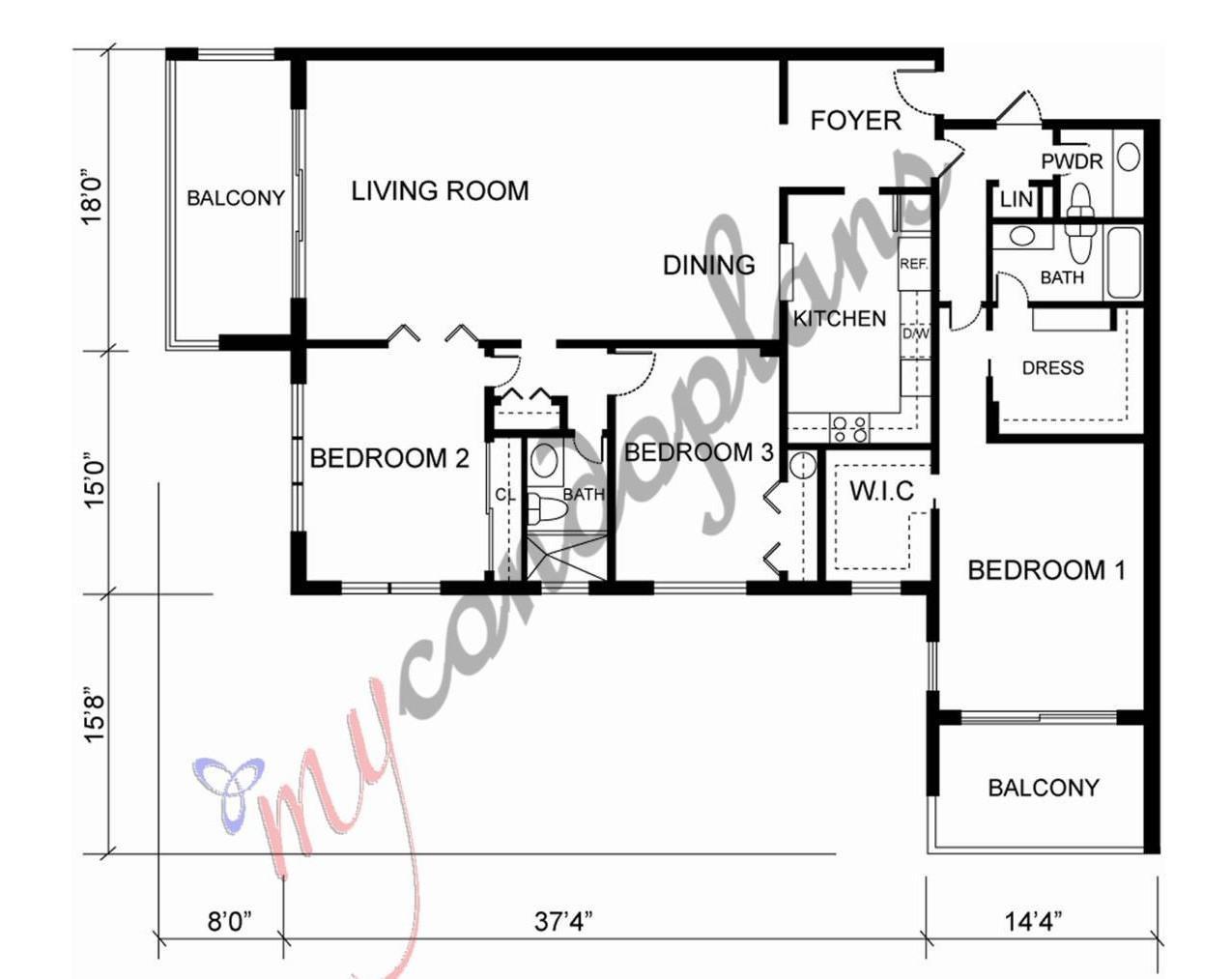 This floor plan shows a three-bedroom apartment layout with two balconies and three bathrooms — 3507 Oaks Way # 307, Pompano Beach FL 33069, POMPANO BEACH, FL