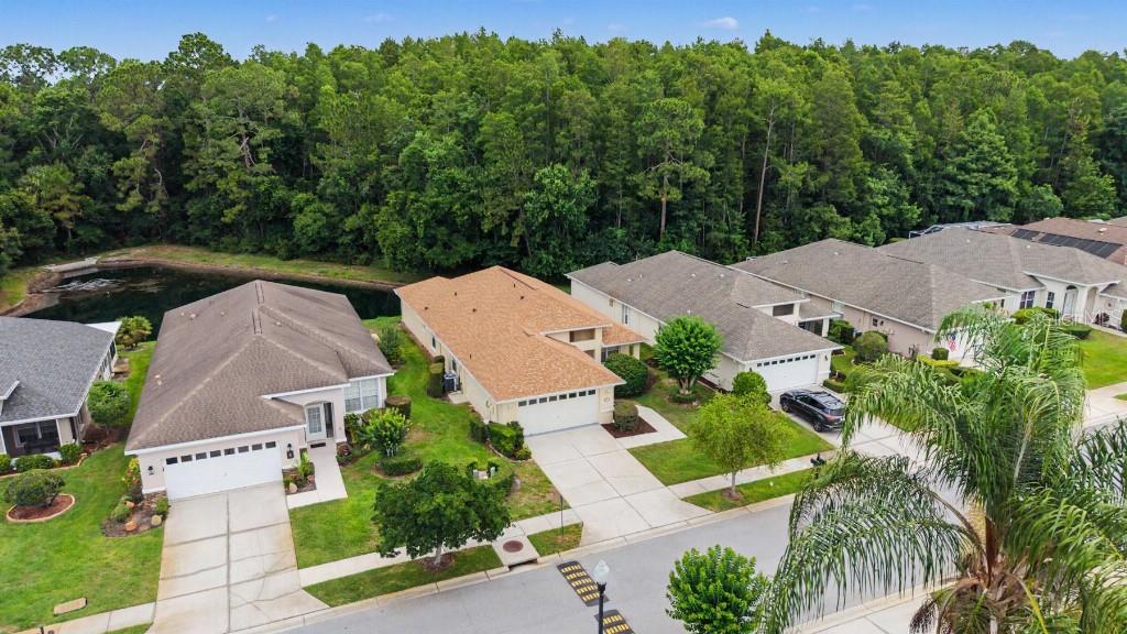 An aerial view of suburban houses with driveways, green lawns, and a pond near woods — 1812 ORCHARDGROVE AVENUE, NEW PORT RICHEY, FL