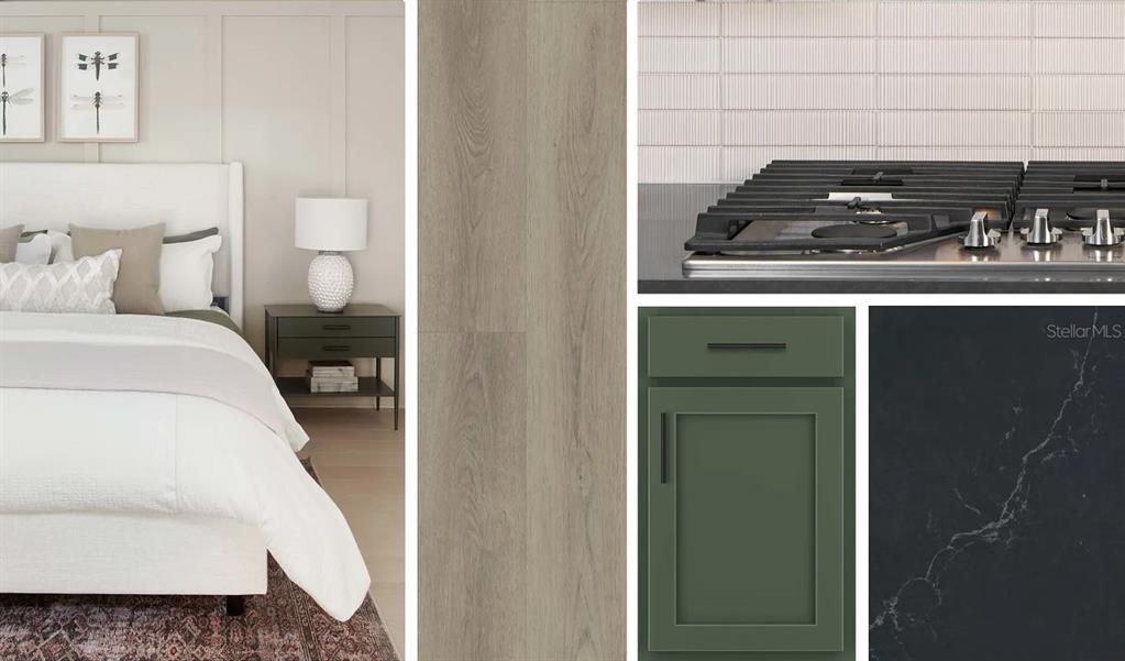 This design board displays interior finishes including wood flooring, green cabinetry, and a kitchen countertop — 17625 LAKE STAR ROAD, WINTER GARDEN, FL