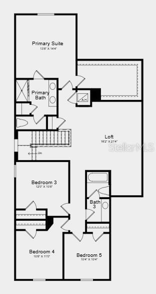 This is a floor plan of a house's second level featuring five bedrooms, a loft, and three bathrooms — 382 CORNERSTONE DRIVE, GROVELAND, FL