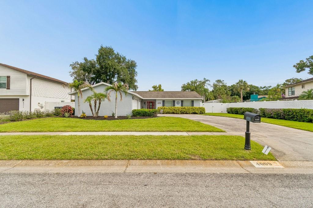 A single-story house with a light gray exterior, a concrete driveway, and a manicured lawn — 4009 MOUNTAIN SPRINGS LANE, TAMPA, FL