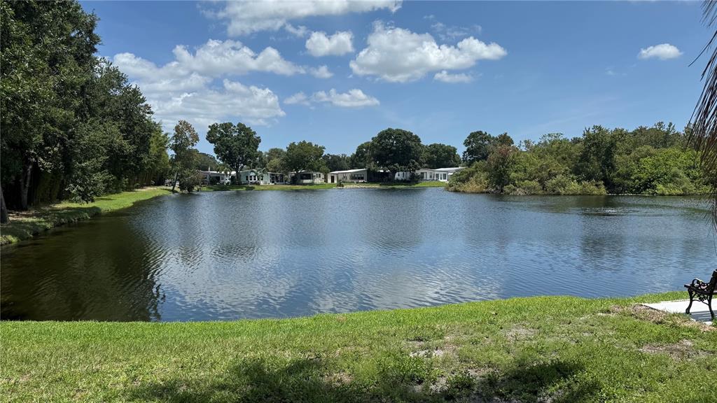 A view of a calm pond surrounded by trees and several small houses in the distance — 1001 STARKEY ROAD UNIT 350, LARGO, FL