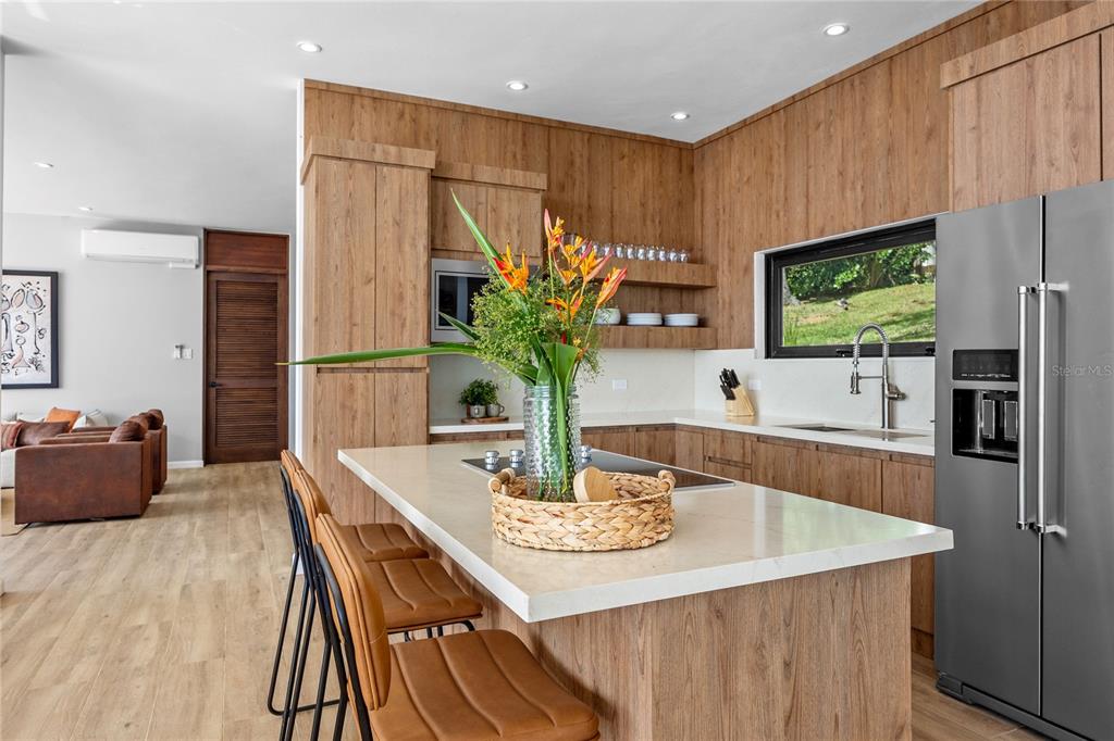 A modern kitchen features wood-grain cabinetry, a large quartz island, and stainless steel appliances — 24-2 Bo. Pena Pobre KM 2.3 VISTA DEL ESTE, NAGUABO, PR