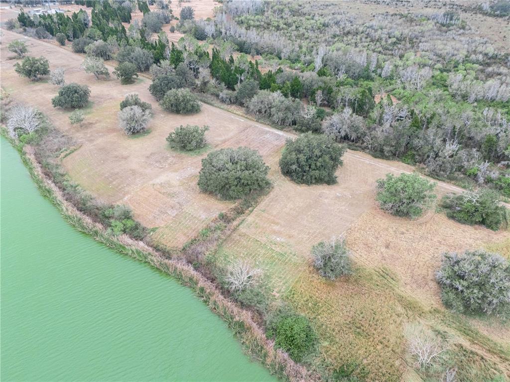 An aerial view shows a grassy field with scattered trees bordering a green lake — 10349 COUNTY ROAD 555, FORT MEADE, FL