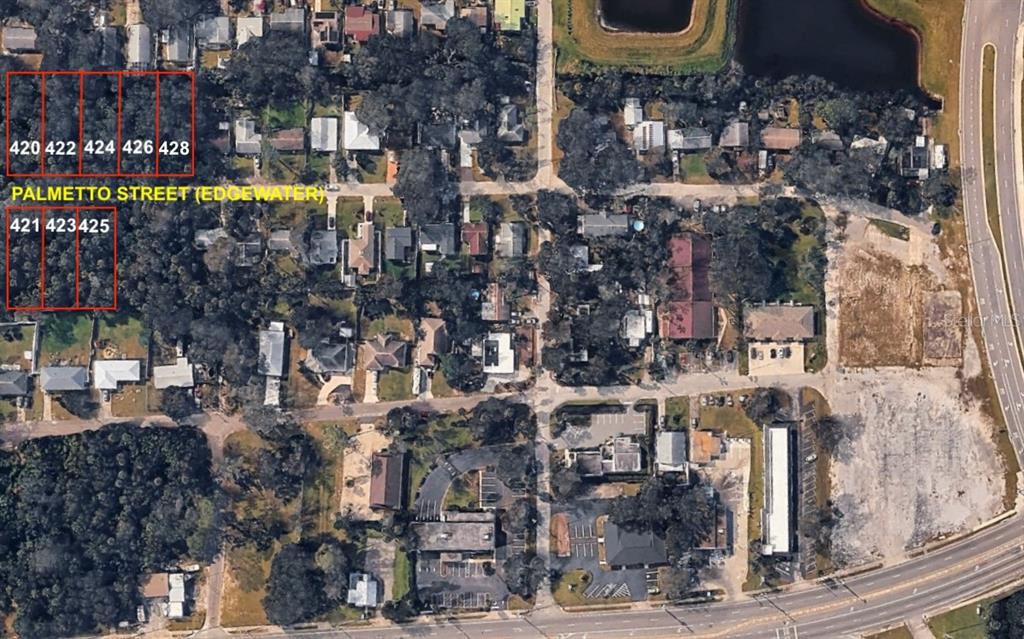 An aerial map shows several vacant lots outlined in red along a residential street — 420-428 PALMETTO STREET, EDGEWATER, FL