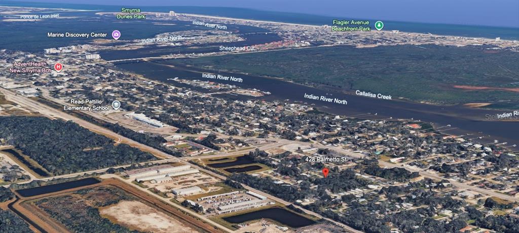 This aerial map view shows a residential neighborhood near the Indian River in Florida — 420-428 PALMETTO STREET, EDGEWATER, FL