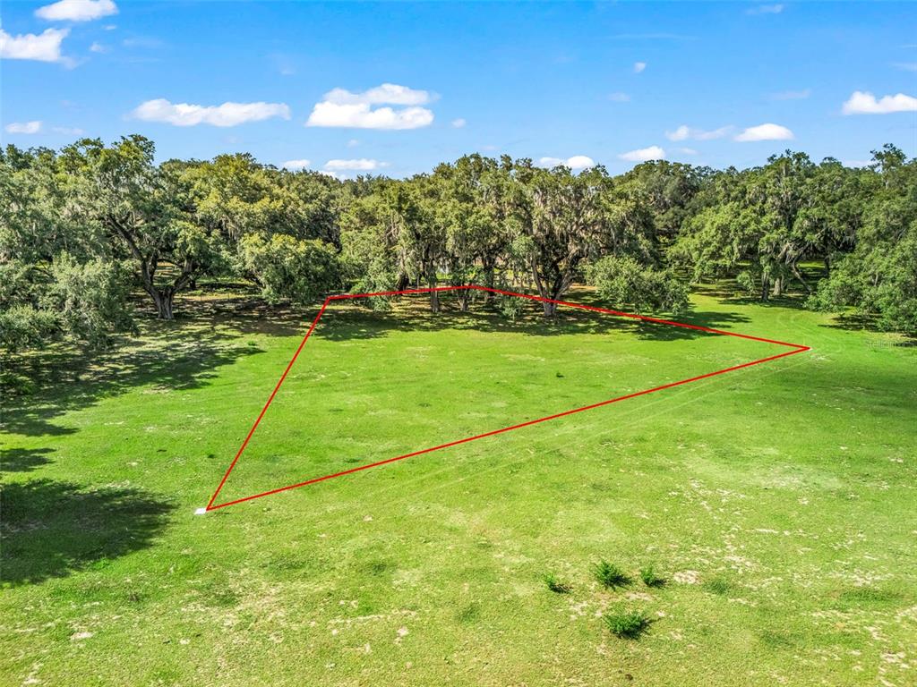 An aerial view shows a grassy lot outlined in red with mature trees in the background — Lot 11 CR 543, BUSHNELL, FL