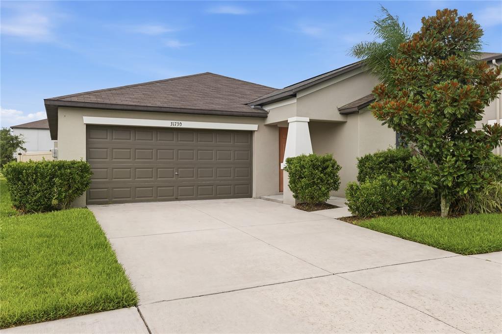 A single-story house with a brown garage door, a concrete driveway, and landscaped front bushes — 31730 SUN KETTLE LOOP, WESLEY CHAPEL, FL