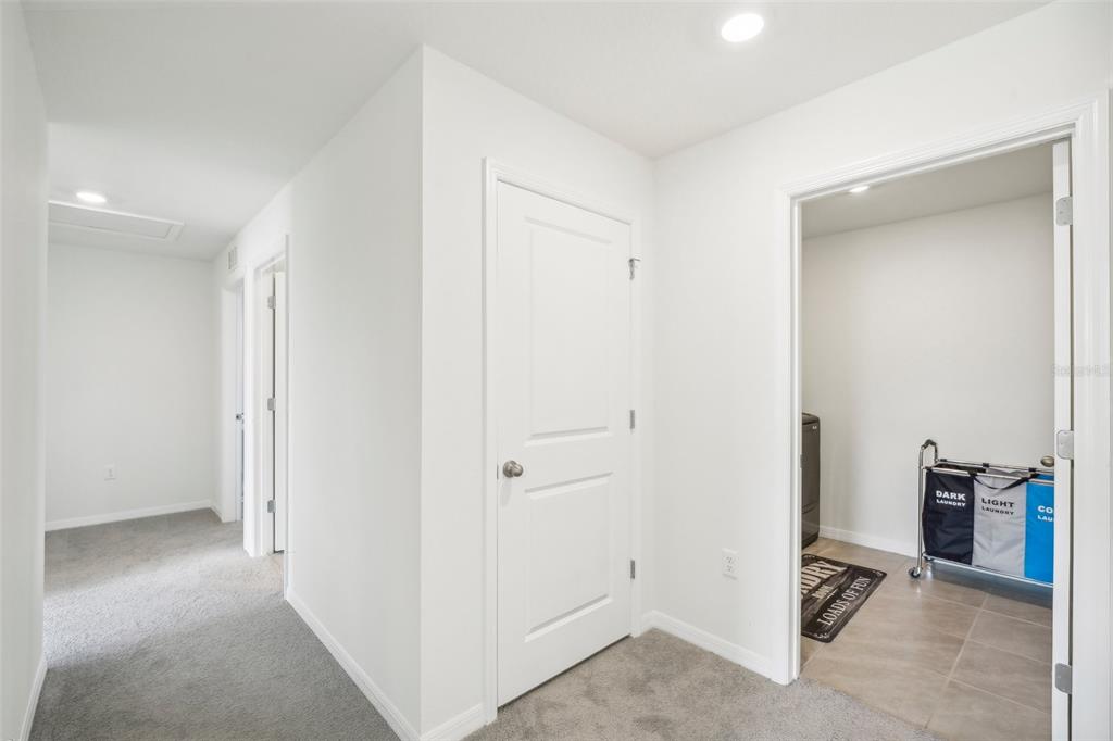 A hallway with gray carpeting leads to a laundry room with a rolling laundry sorter — 11637 SAW PALMETTO LANE, RIVERVIEW, FL