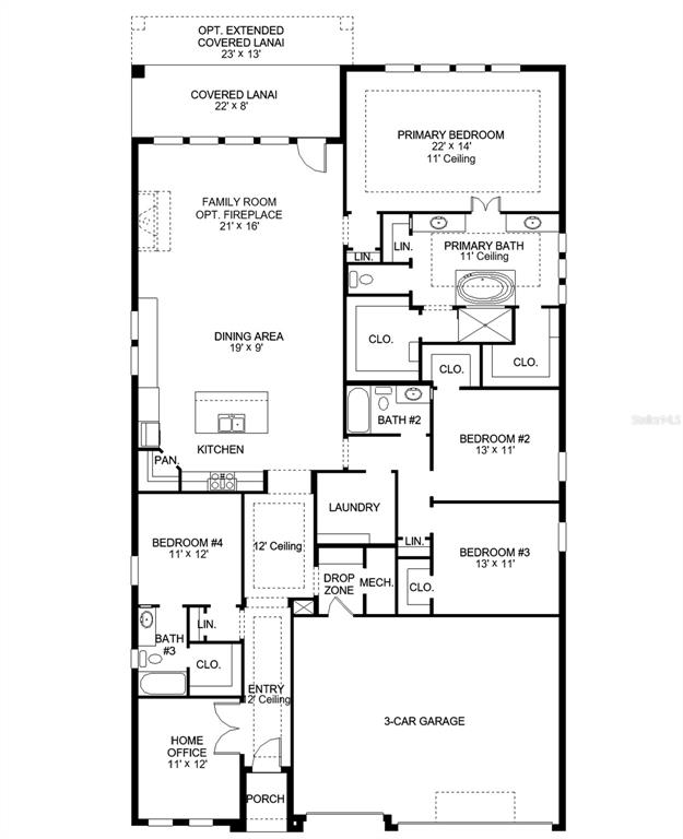 This is a floor plan for a single-story house with four bedrooms and a garage — 2749 BON AIR WAY, PARRISH, FL